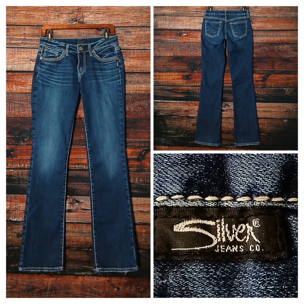 Silver Jeans 28 Suki Slim Boot Cut Low Rise Dark Wash Denim Distressed Stretch